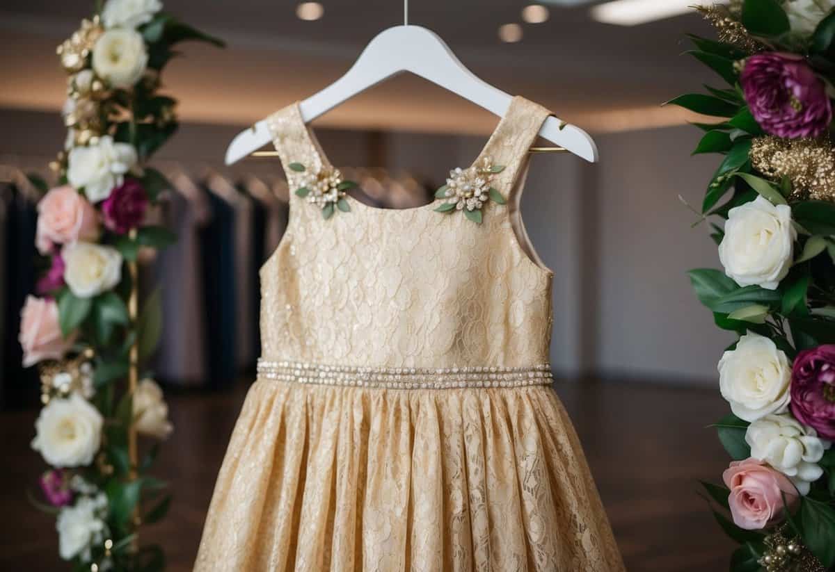 A gold lace flower girl dress displayed on a hanger with floral accents and sparkly details