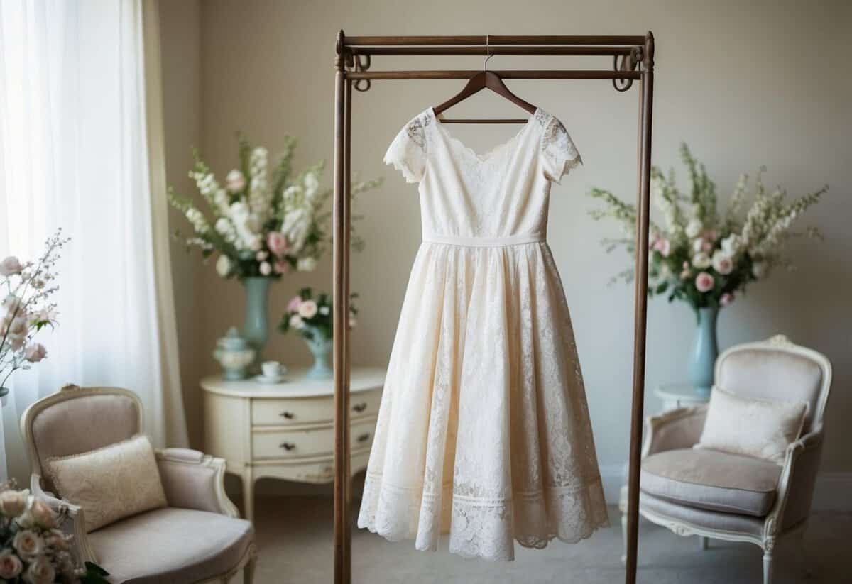 A lace tea-length dress hangs on a vintage coat rack in a softly lit room, surrounded by delicate floral accents and antique furniture