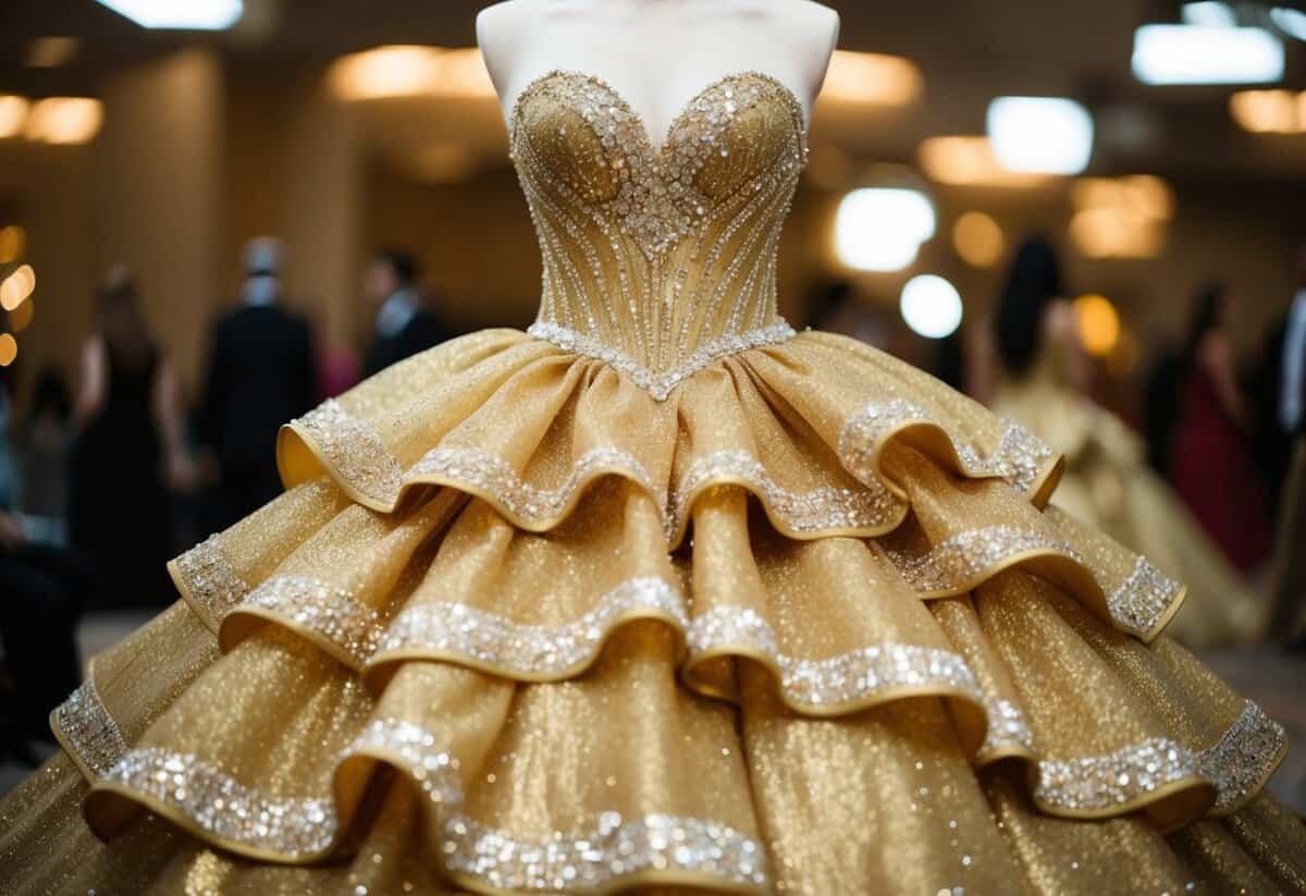 A sparkling gold ball gown with cascading layers and shimmering details