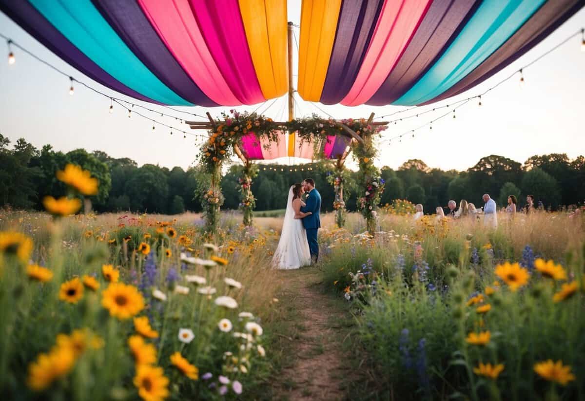 A whimsical outdoor wedding with a colorful bohemian canopy, surrounded by wildflowers and twinkling lights