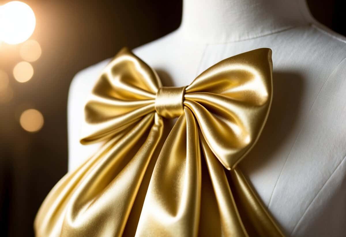 A gold satin dress with a large bow, shimmering under soft lighting