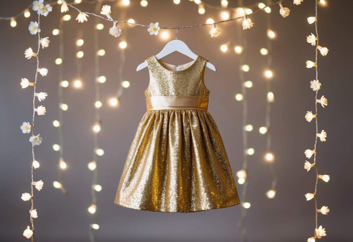 A glittery gold A-line dress hanging on a child-sized mannequin, surrounded by twinkling fairy lights and delicate floral accents