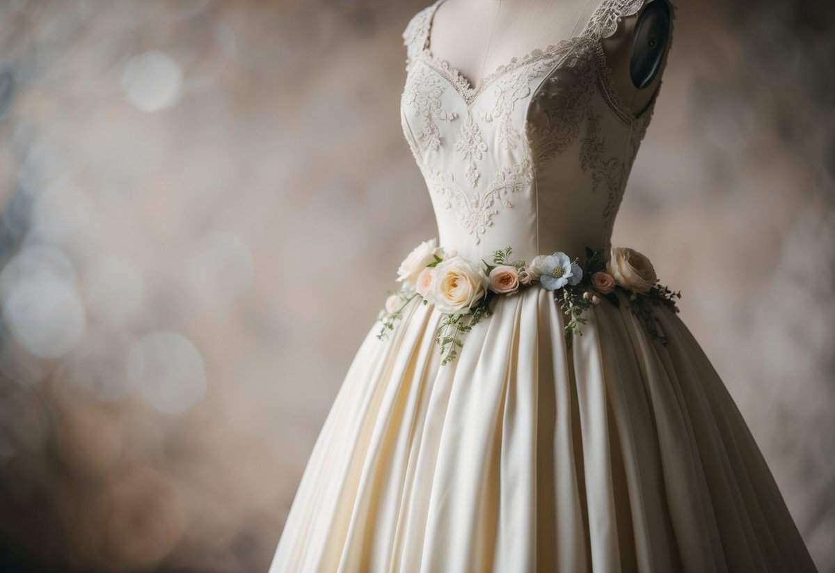 A tea-length dress draped on a vintage mannequin, adorned with delicate lace and floral embellishments