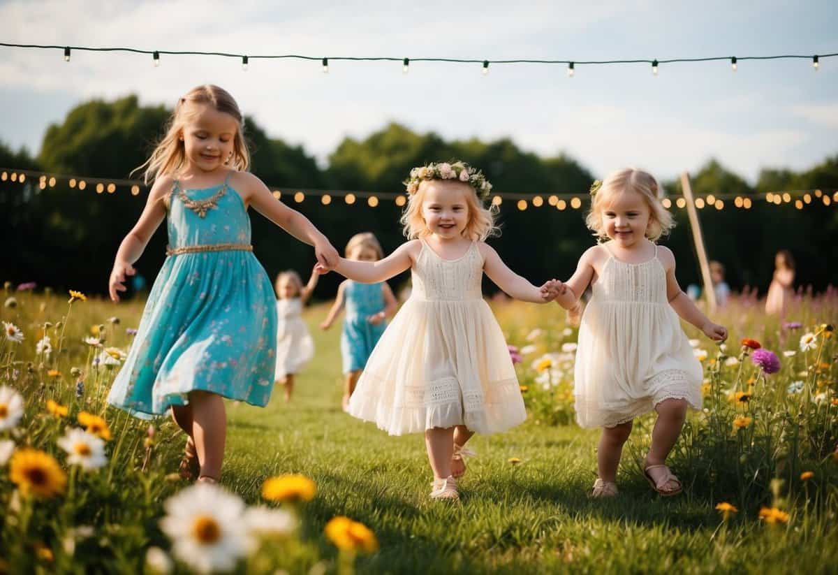 A whimsical outdoor wedding with children playing in boho chic sundresses, surrounded by wildflowers and fairy lights