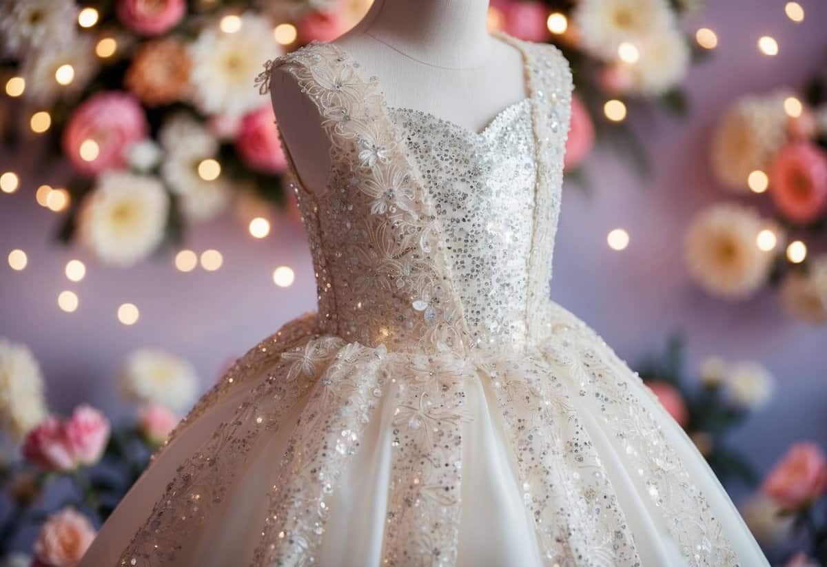 A glittering princess dress adorned with delicate lace and shimmering sequins, set against a dreamy backdrop of blooming flowers and twinkling fairy lights