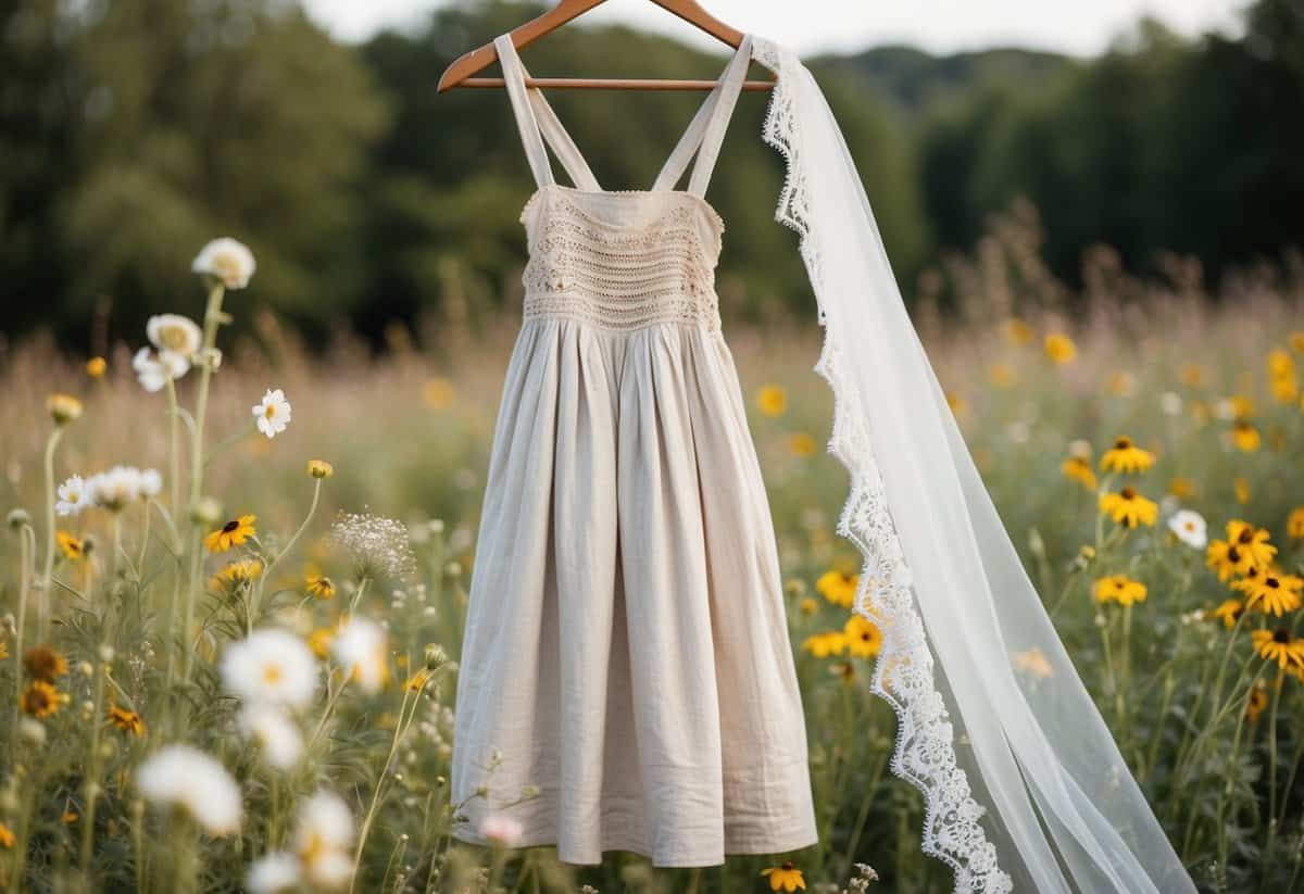 A rustic cotton dress hanging on a wooden hanger, surrounded by wildflowers and a vintage lace veil