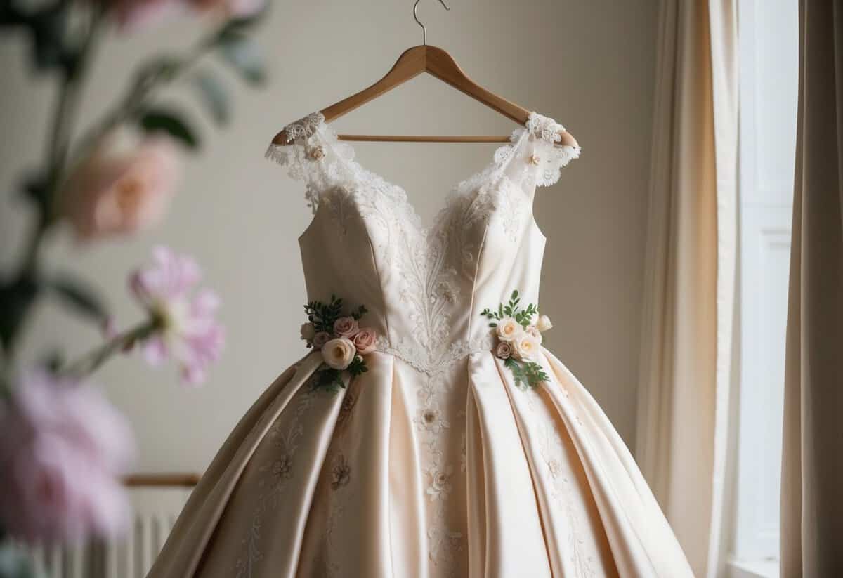 A satin gown with delicate embroidery, adorned with flowers and lace, displayed on a hanger in a softly lit room