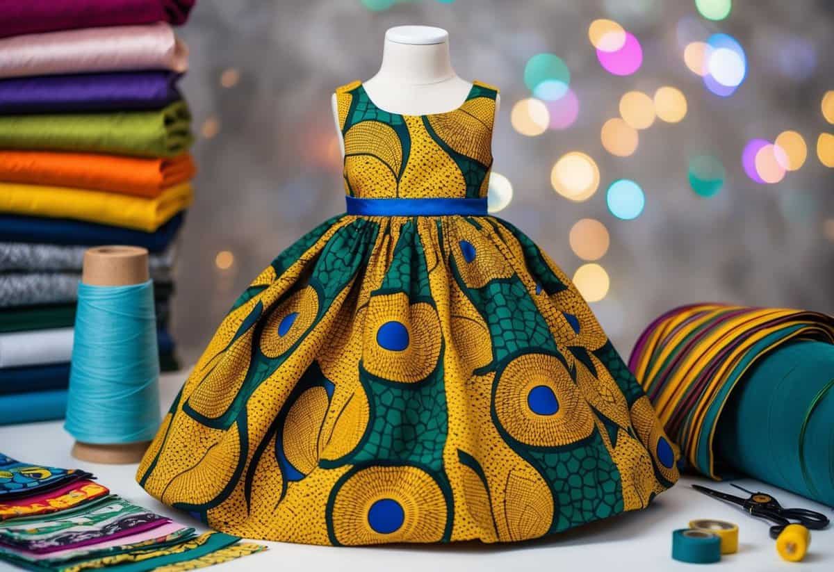 A vibrant Ankara print gown draped over a child-sized mannequin, surrounded by colorful fabric swatches and sewing tools