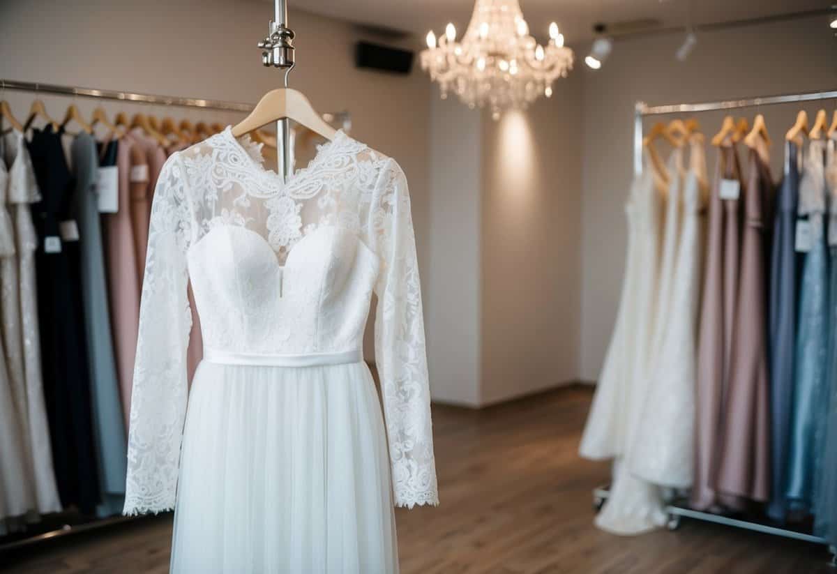 A lace long sleeve dress hangs on a mannequin in a softly lit Korean wedding dress boutique