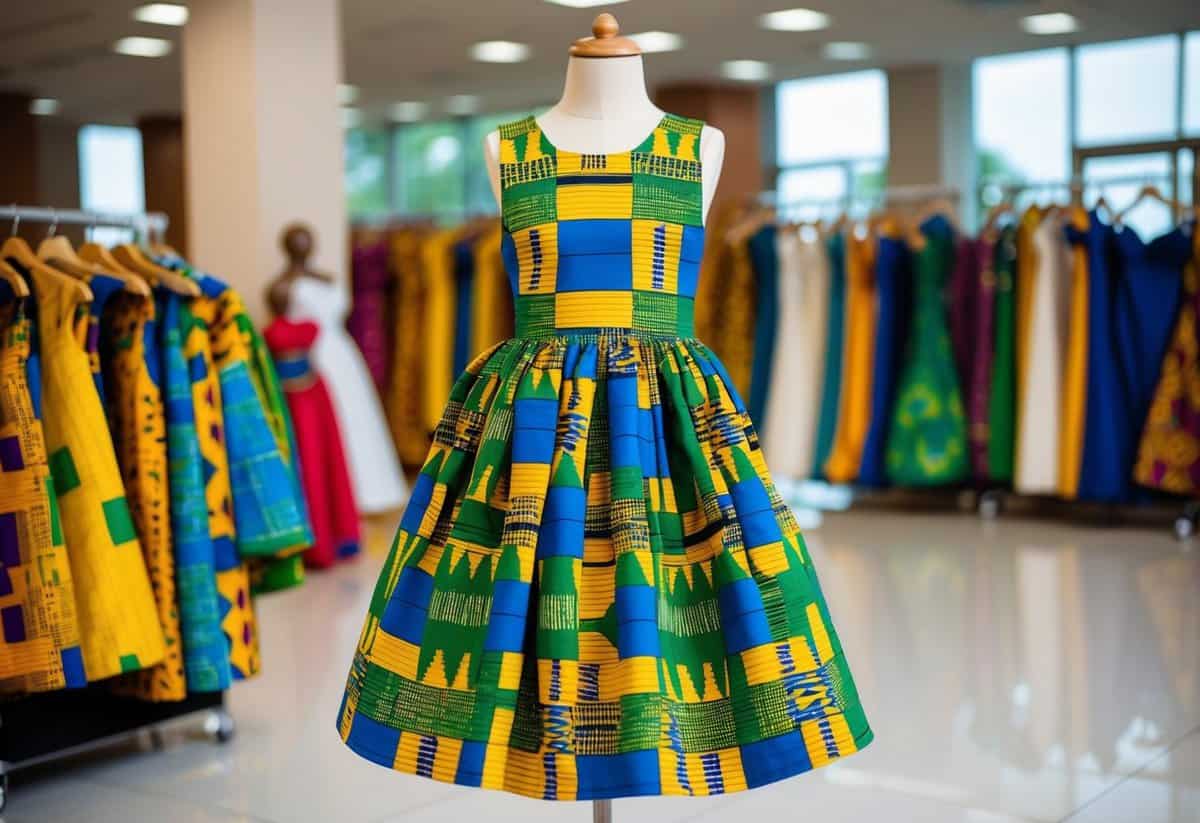 A vibrant kente fabric dress displayed on a mannequin for an African wedding, with playful and colorful designs suitable for kids