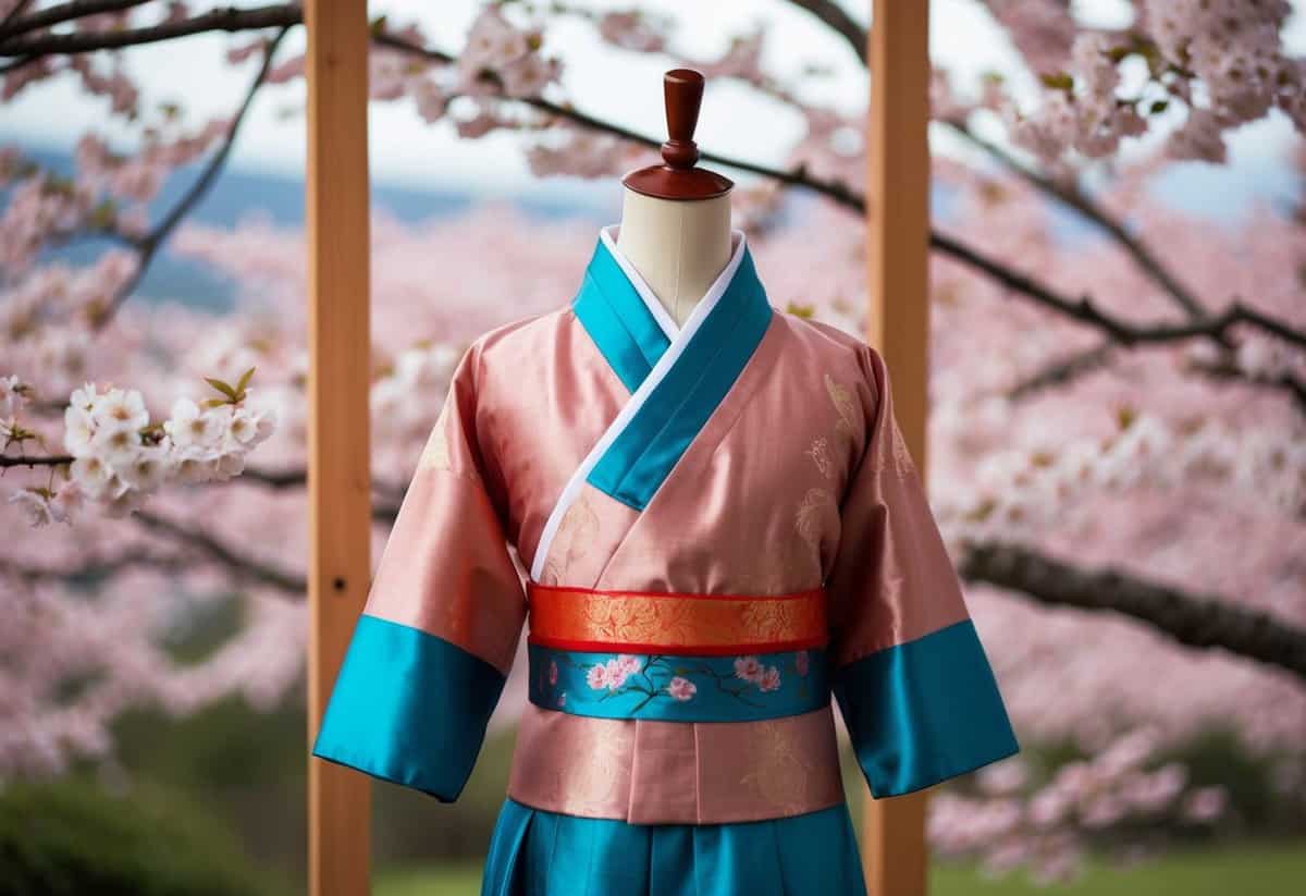 A traditional Korean silk dress displayed on a wooden mannequin against a backdrop of cherry blossom branches