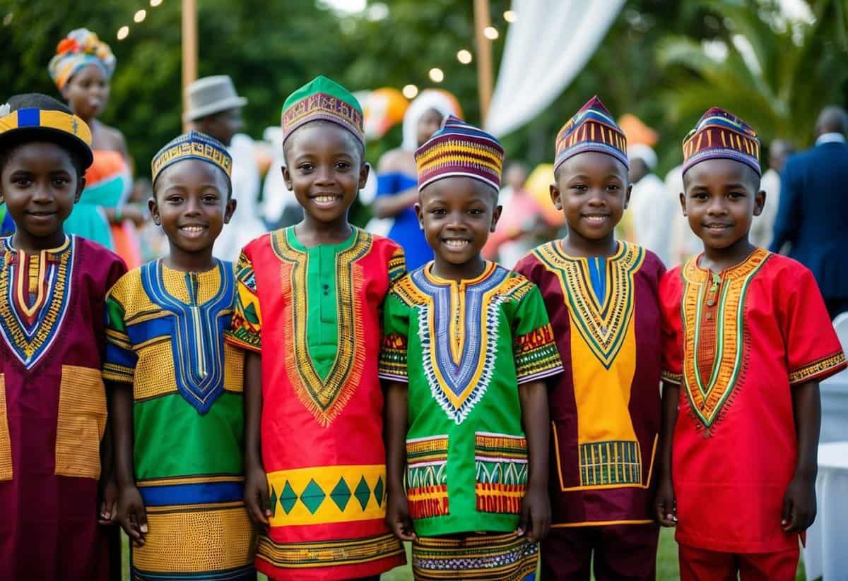 A group of kids wearing colorful dashiki outfits at an African wedding celebration