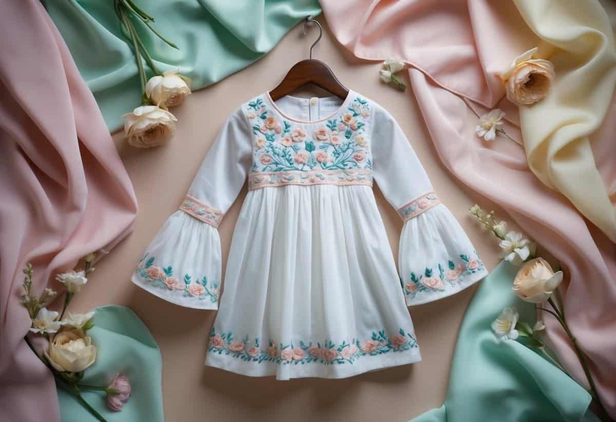 A delicate, embroidered bell-sleeve dress hangs on a wooden hanger, surrounded by soft, pastel-colored fabrics and floral accents