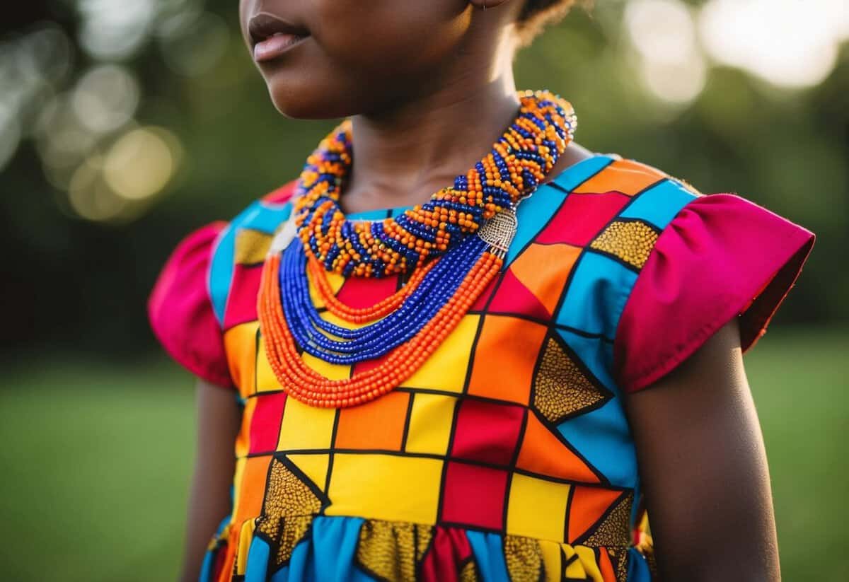 African-inspired beaded necklace adorns a vibrant children's wedding dress