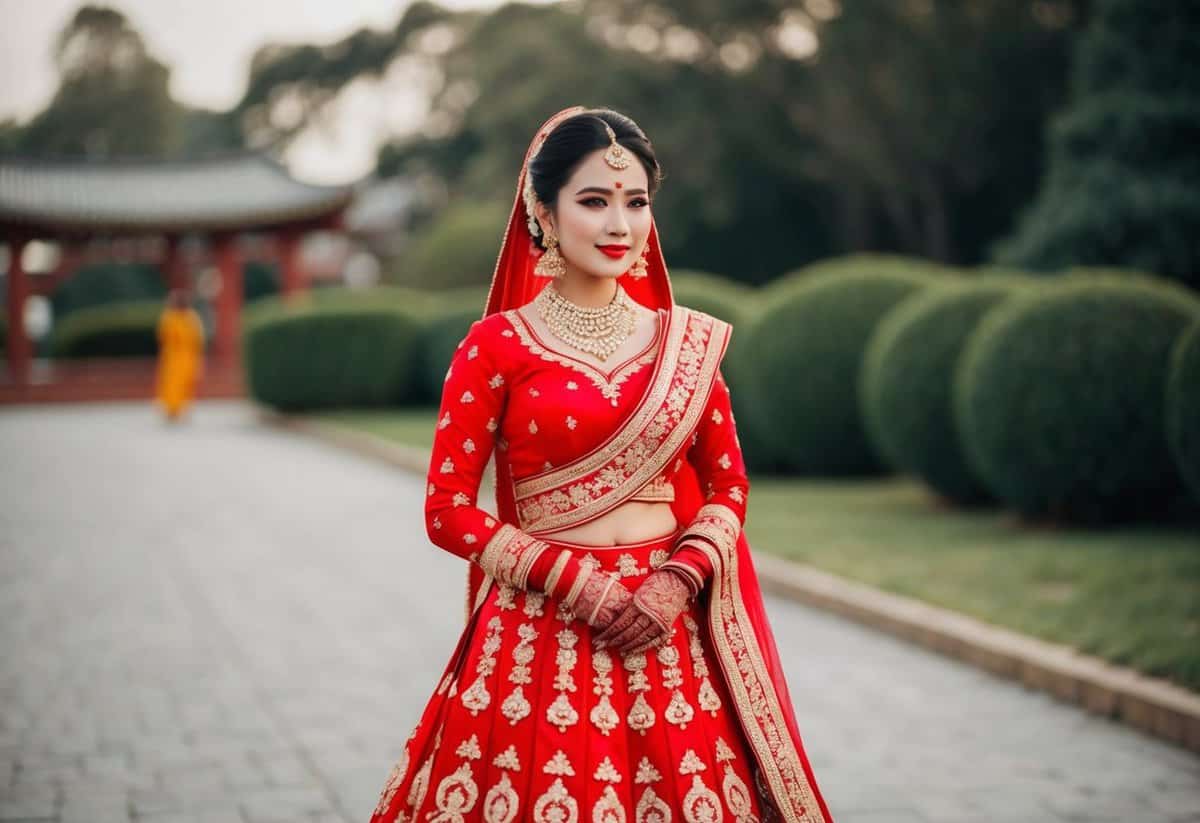 A bride wearing a vibrant red jeogori with a full skirt, adorned with intricate embroidery and delicate details