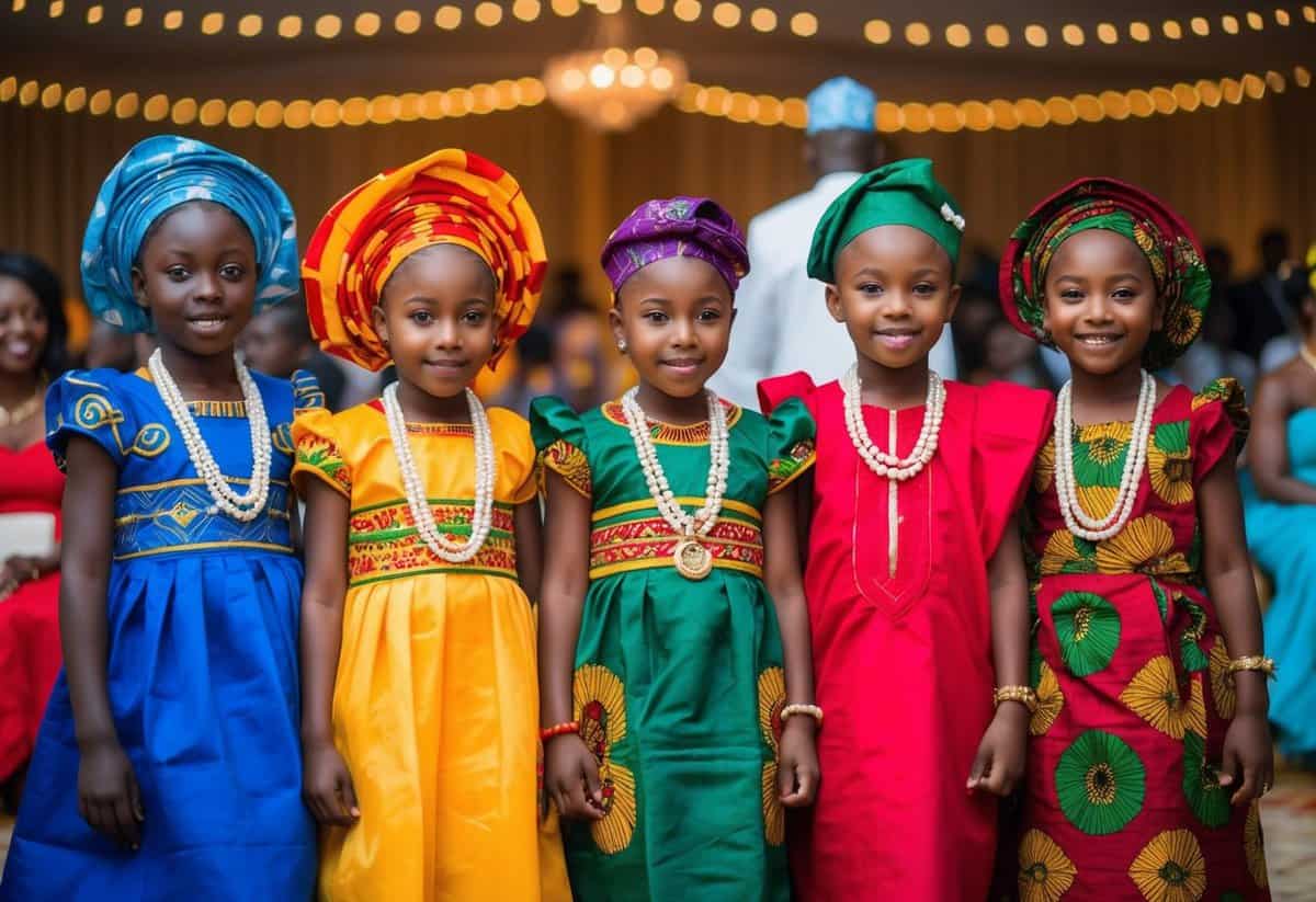 A group of children wearing vibrant Yoruba Aso-Oke dresses at an African wedding celebration