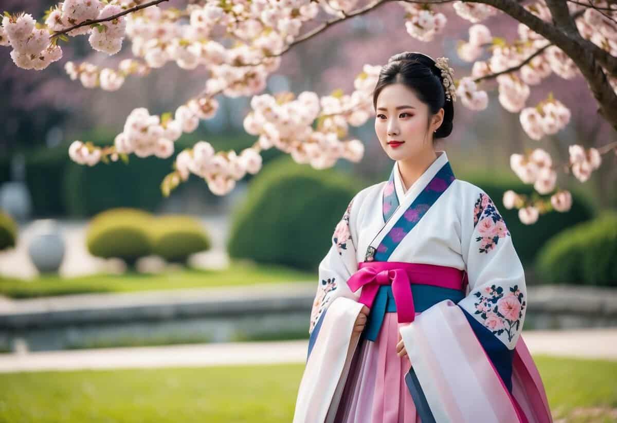 A traditional Korean hanbok adorned with intricate floral appliqué, set against a backdrop of cherry blossoms and a serene garden