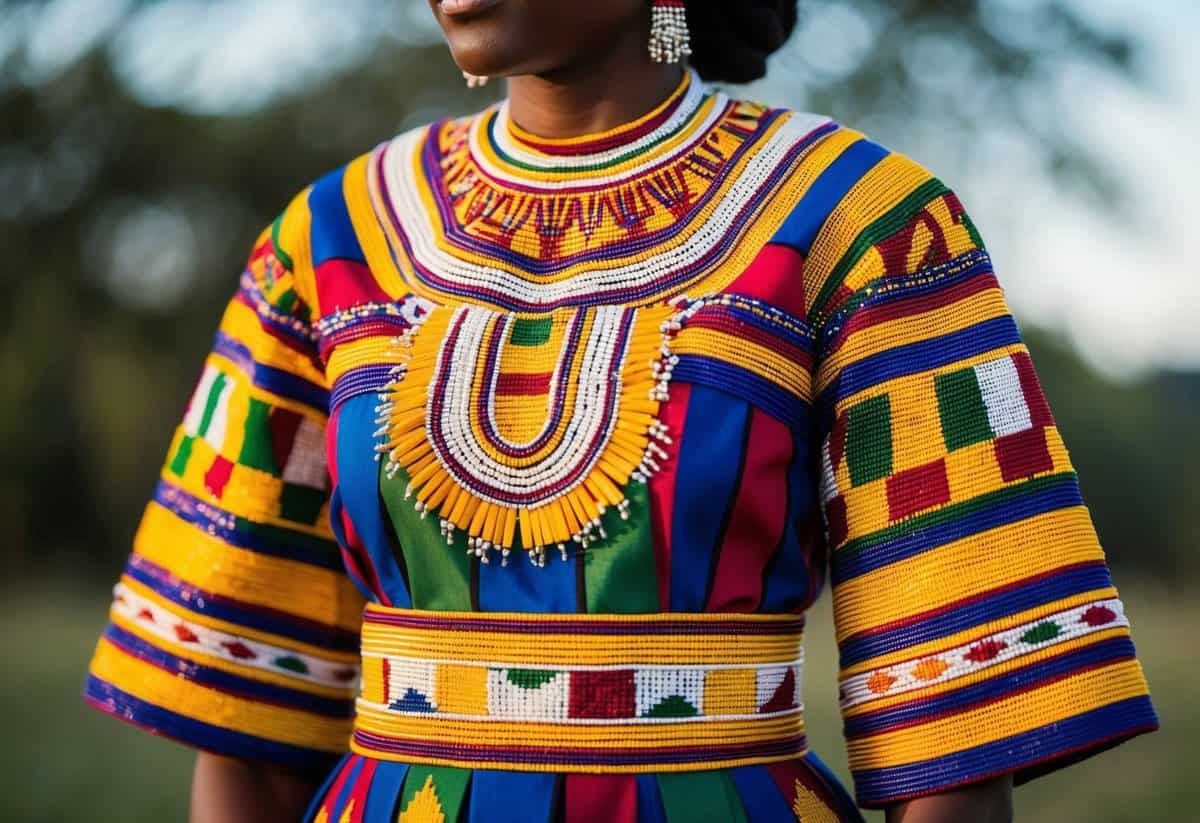 A vibrant Zulu-inspired wedding dress adorned with colorful beadwork and traditional patterns