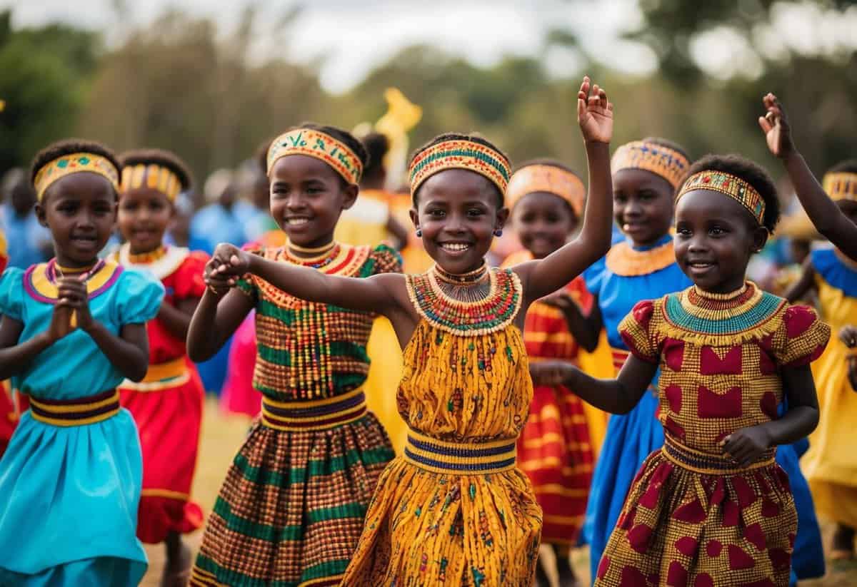 A group of children wearing vibrant Ethiopian traditional dresses, dancing and celebrating at a colorful African wedding