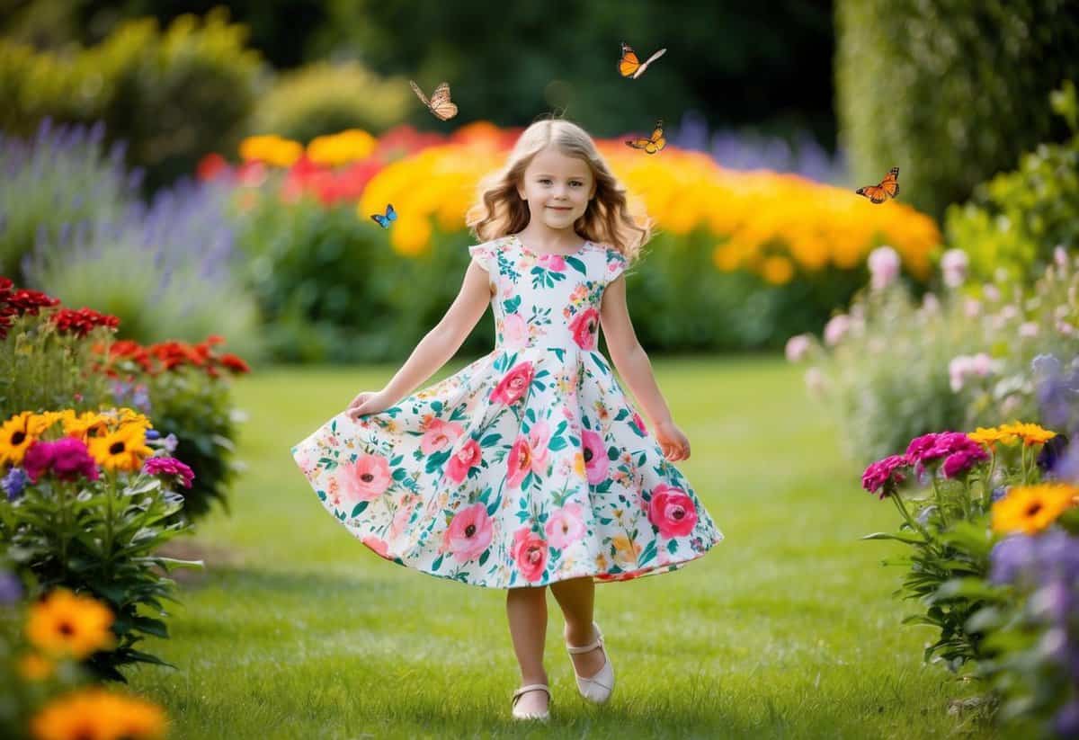 A young girl in a floral A-line dress twirls in a garden, surrounded by colorful flowers and butterflies