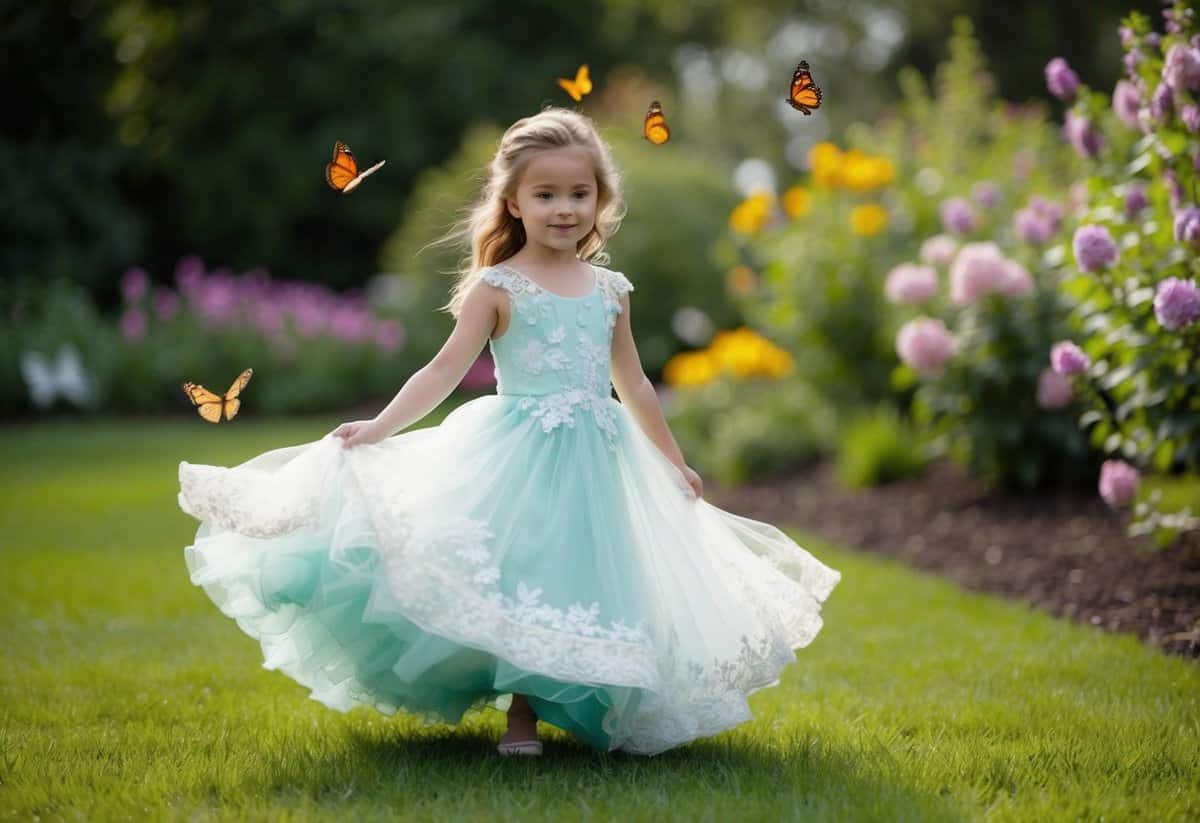 A young girl twirls in a garden, wearing a flowing tulle gown with delicate lace details, surrounded by blooming flowers and butterflies