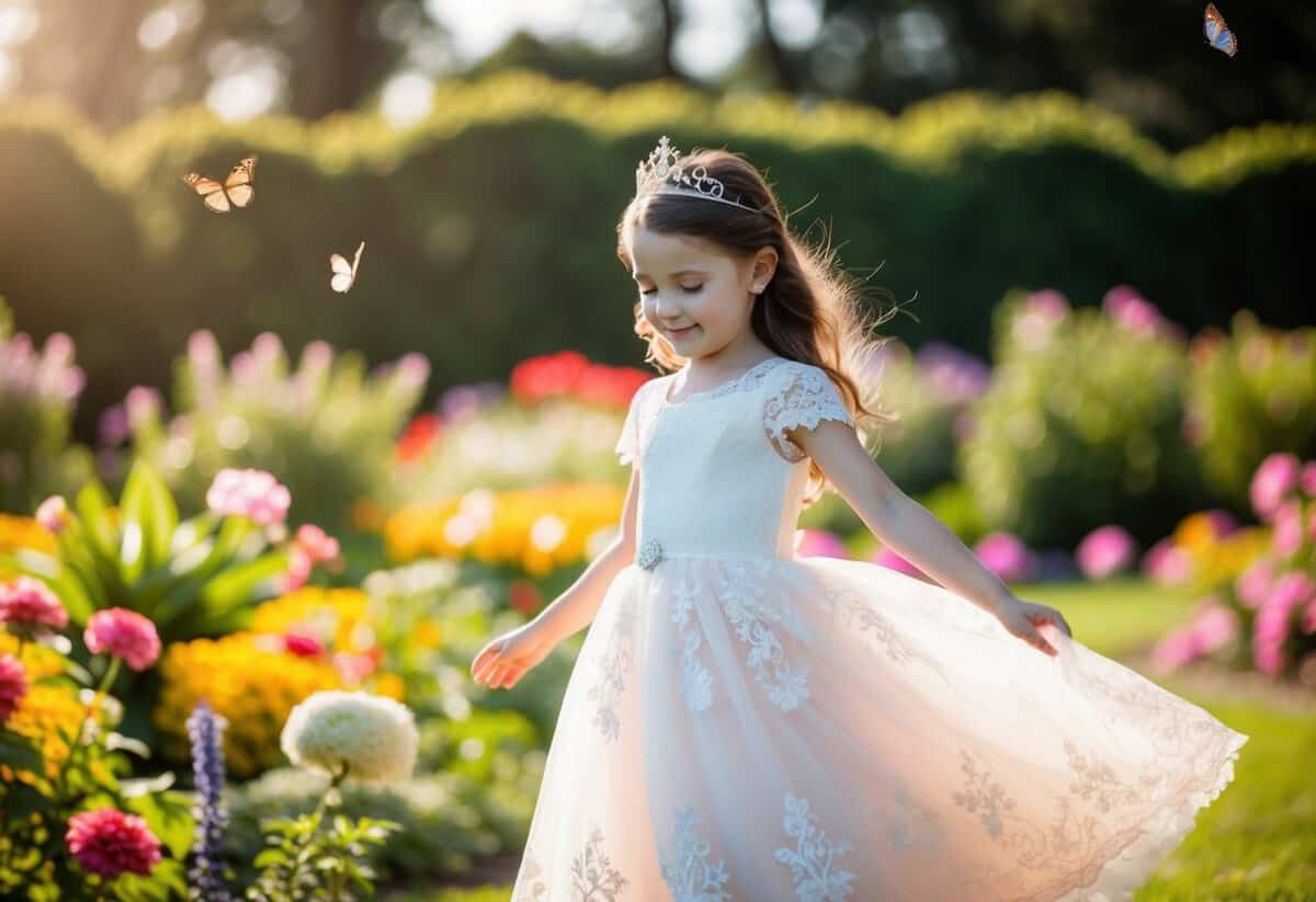 A young girl twirls in a lace princess gown, surrounded by a garden of flowers and butterflies