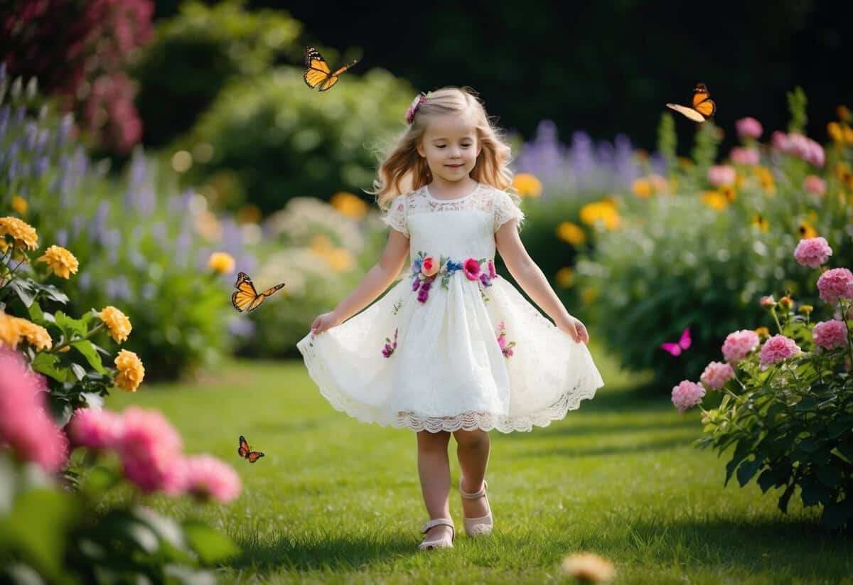 A young girl in a floral lace dress twirls in a garden, surrounded by blooming flowers and butterflies