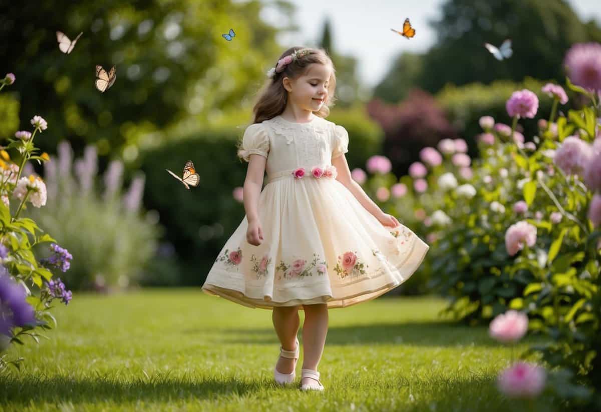 A young girl twirls in a garden, wearing a tea-length vintage dress with lace and floral details, surrounded by blooming flowers and butterflies