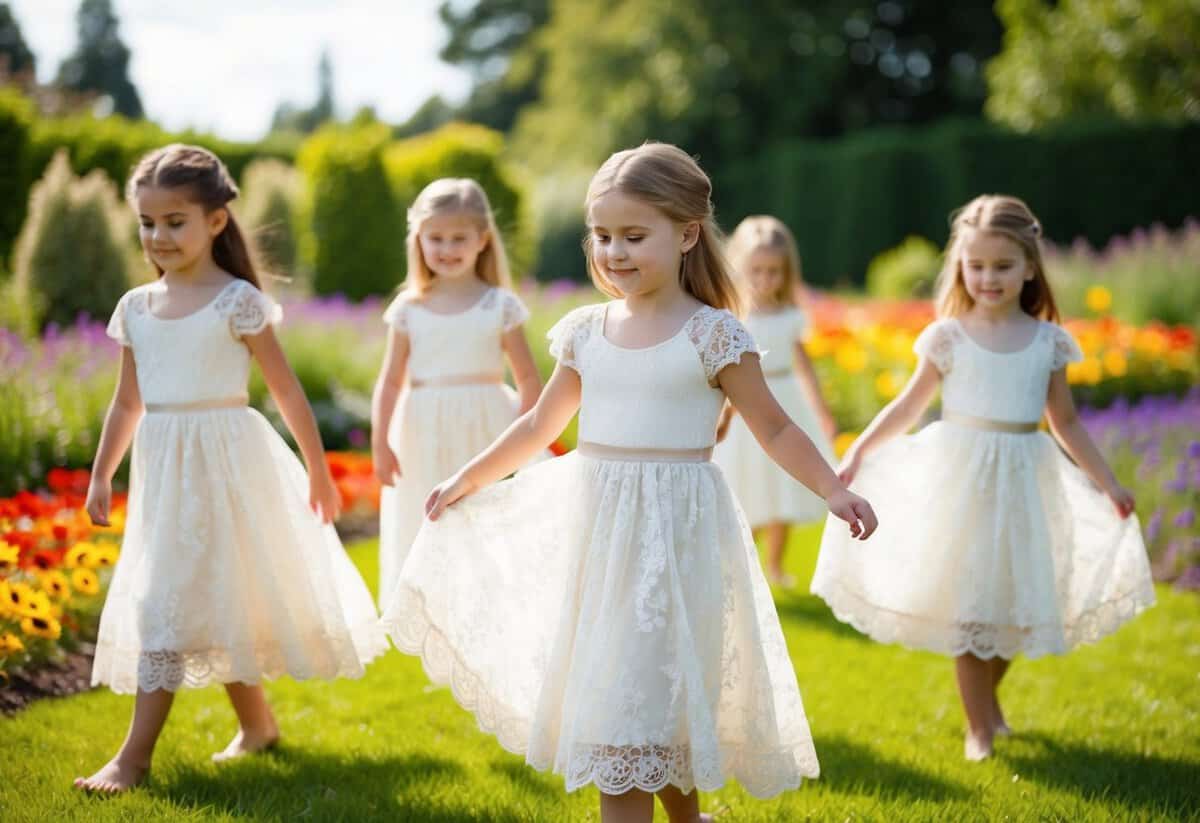 A group of young girls twirl in delicate lace gowns amid a garden of colorful flowers