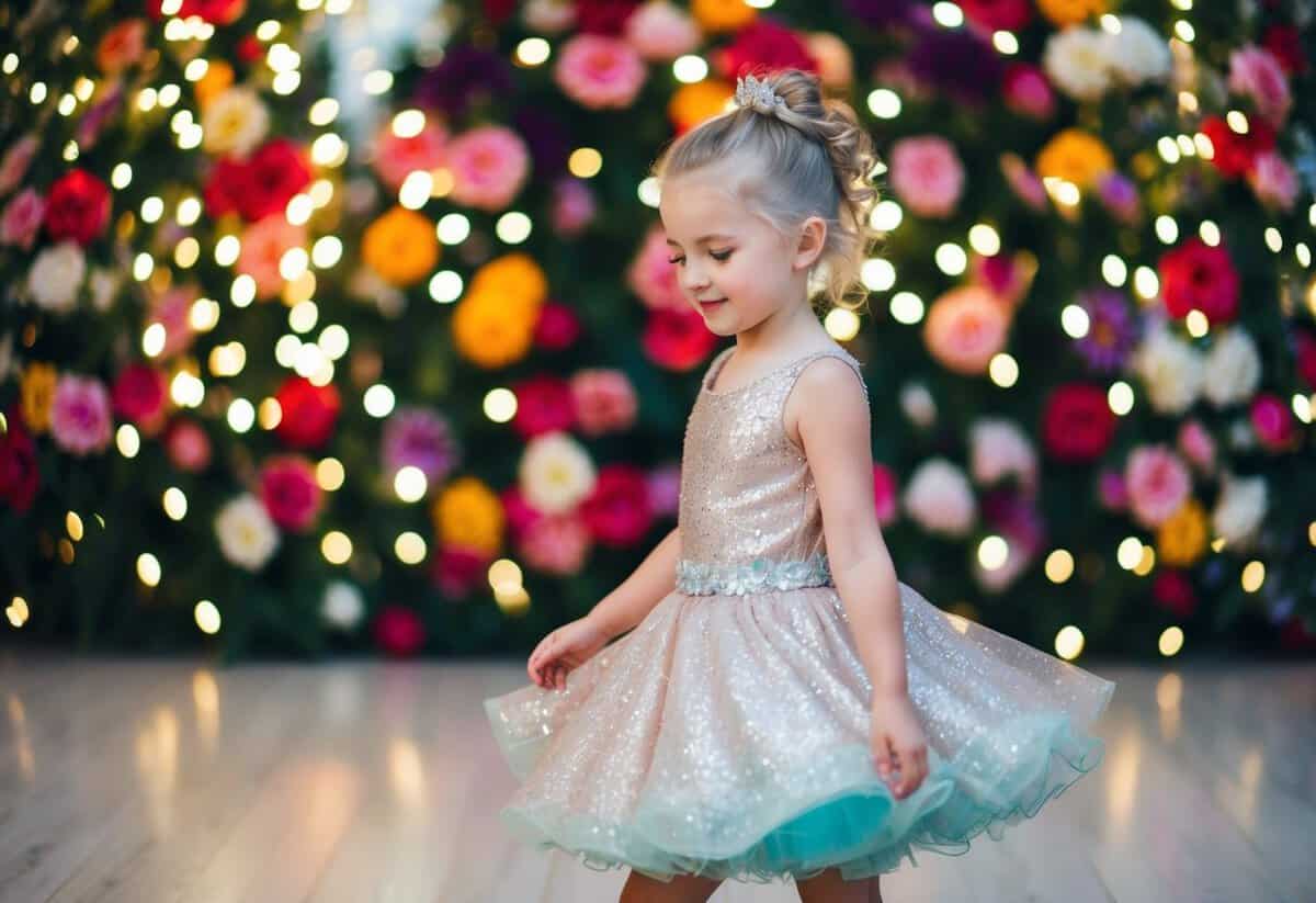 A young girl twirls in a sparkly mini ball gown, surrounded by colorful flowers and twinkling lights