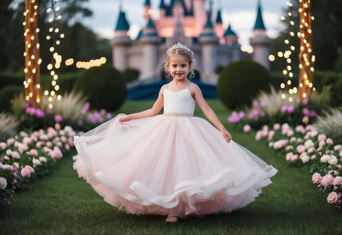 A young girl twirls in a full tulle ball gown skirt, surrounded by flowers and fairy lights, with a dreamy castle in the background