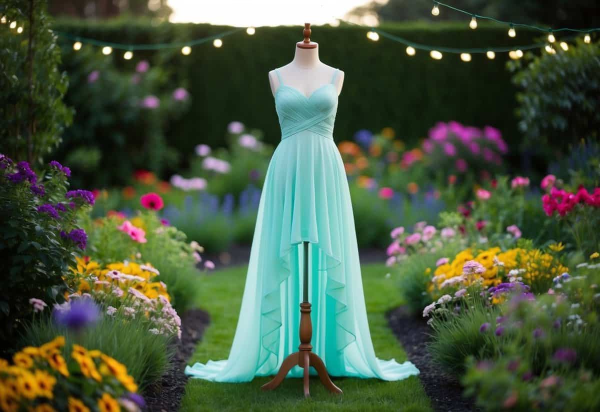 A whimsical garden setting with a flowing chiffon dress on a mannequin, surrounded by colorful flowers and twinkling fairy lights