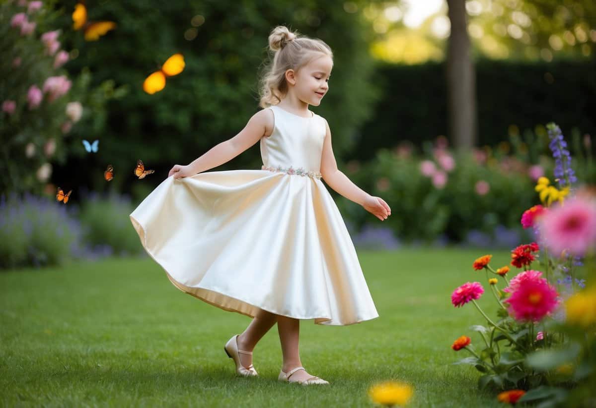 A young girl in a satin A-line dress, twirling in a garden with flowers and butterflies