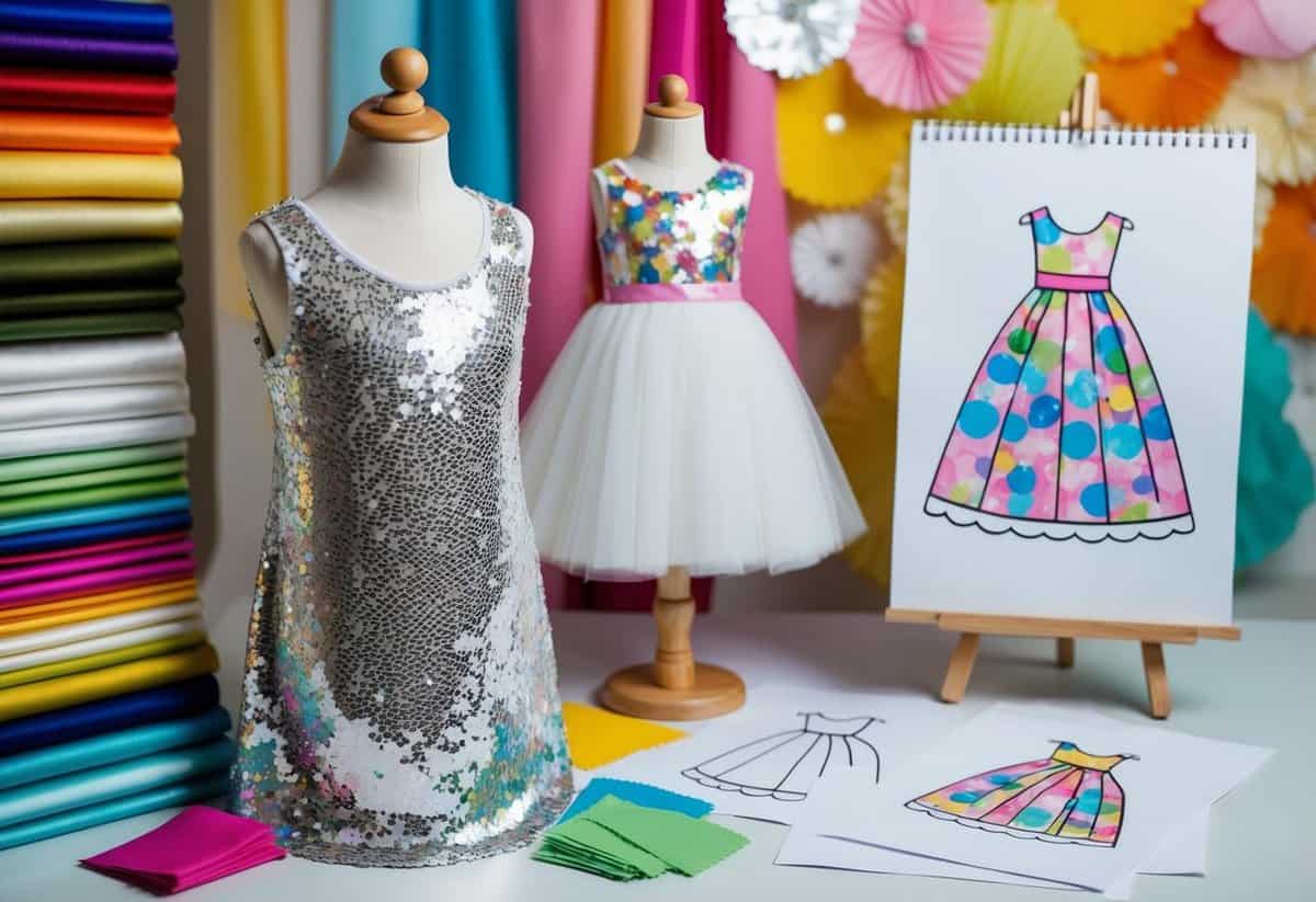 A sparkly sequin party dress on a mannequin, surrounded by colorful fabric swatches and sketches of playful wedding dress designs for kids aged 7-8