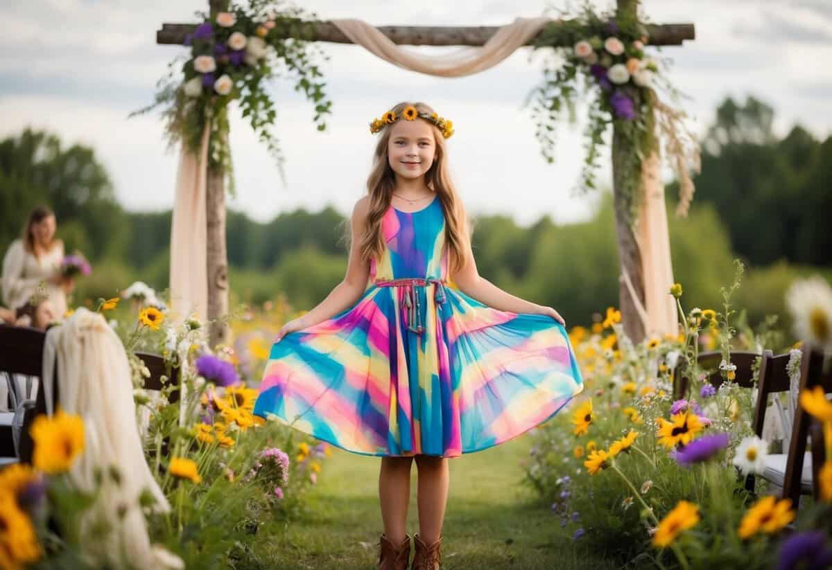 A whimsical outdoor wedding with a bohemian theme, featuring a colorful, flowy dress for a preteen girl. Wildflowers and vintage decor complete the boho chic atmosphere