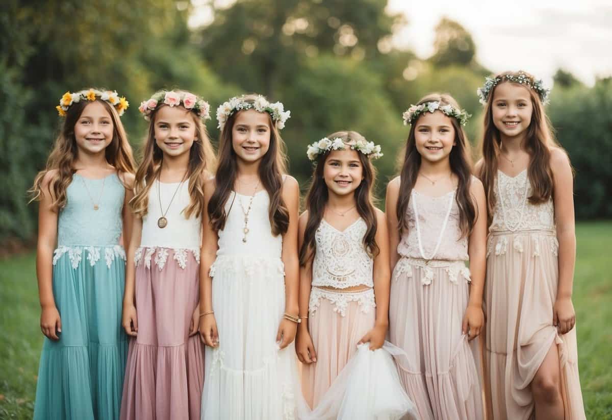 A group of kids, aged 13, are wearing bohemian-style wedding dresses, with flowing skirts, lace details, and flower crowns, in a whimsical outdoor setting