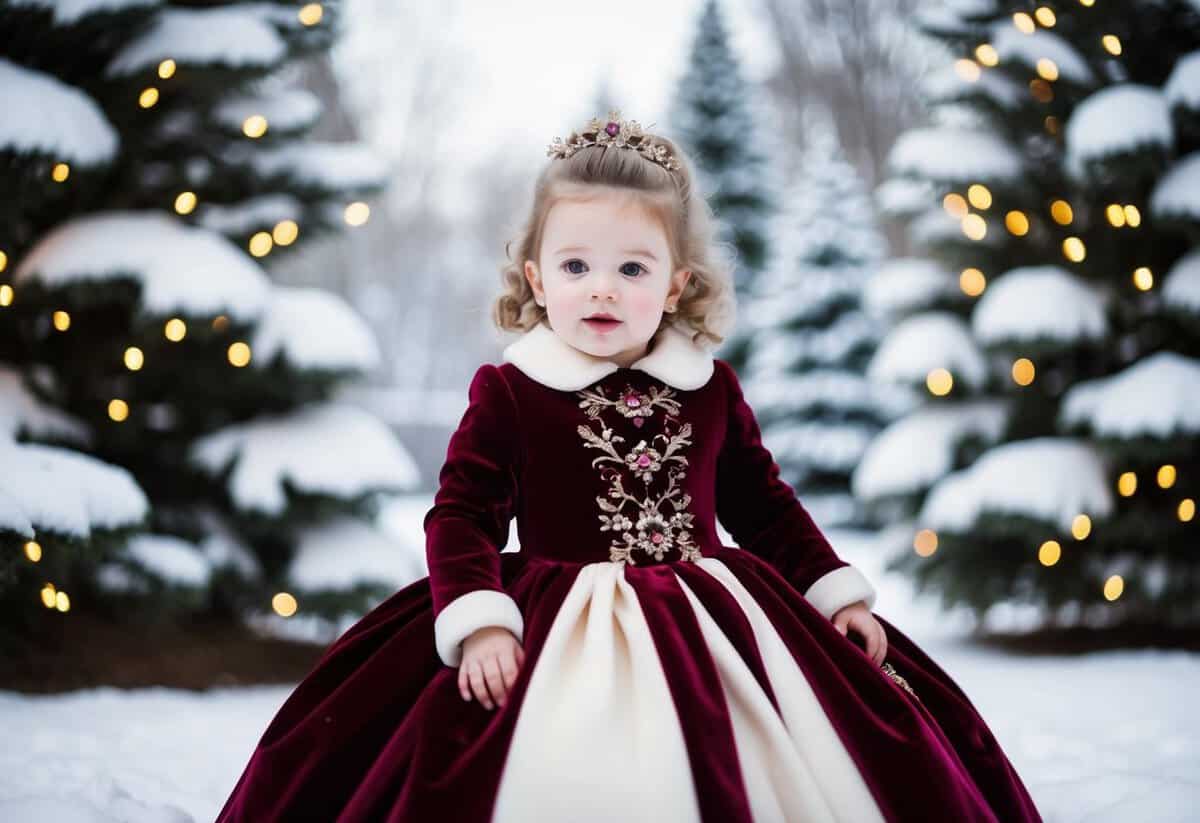 A young child in a luxurious velvet winter gown, surrounded by snow-covered trees and twinkling fairy lights