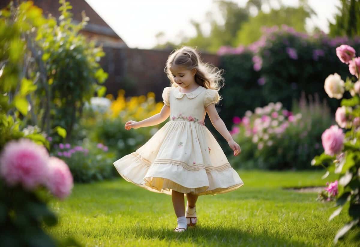 A young girl in a vintage tea dress twirls in a garden, surrounded by blooming flowers and a whimsical, romantic atmosphere