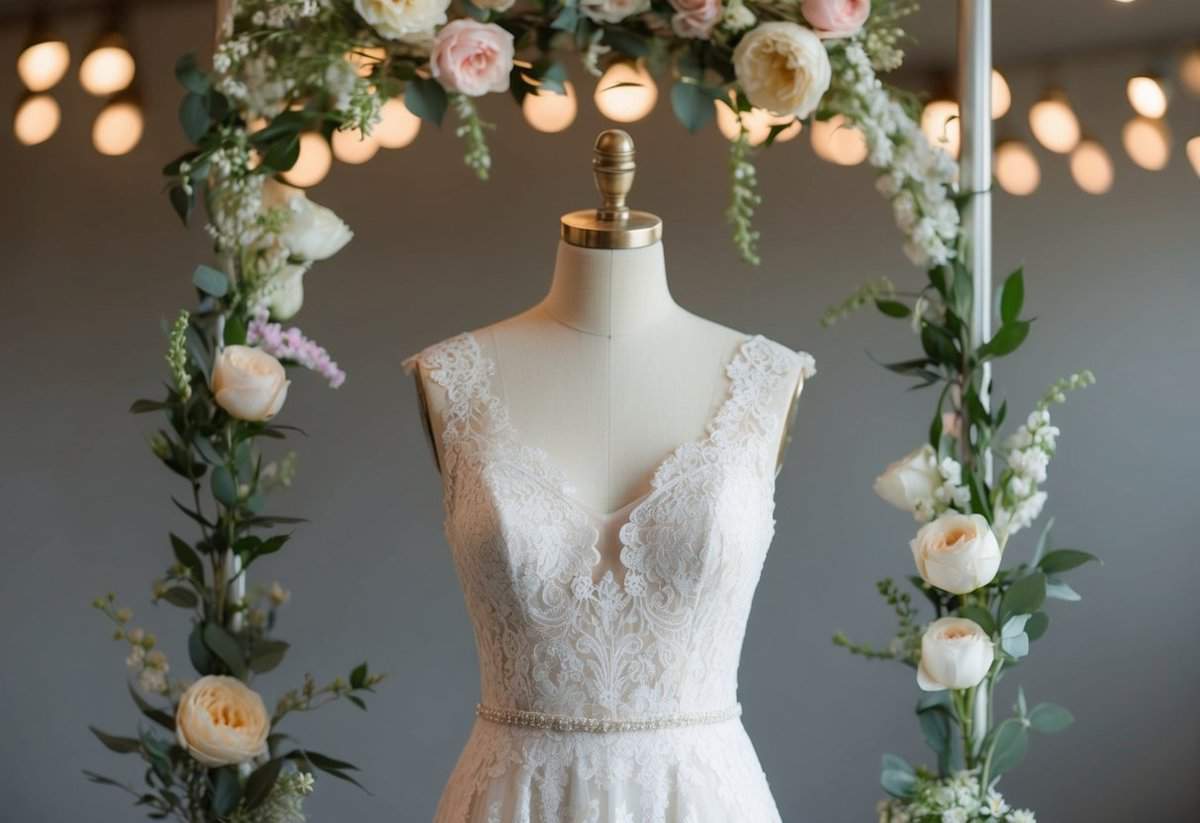 A vintage lace wedding dress displayed on a mannequin, surrounded by delicate floral accents and soft lighting