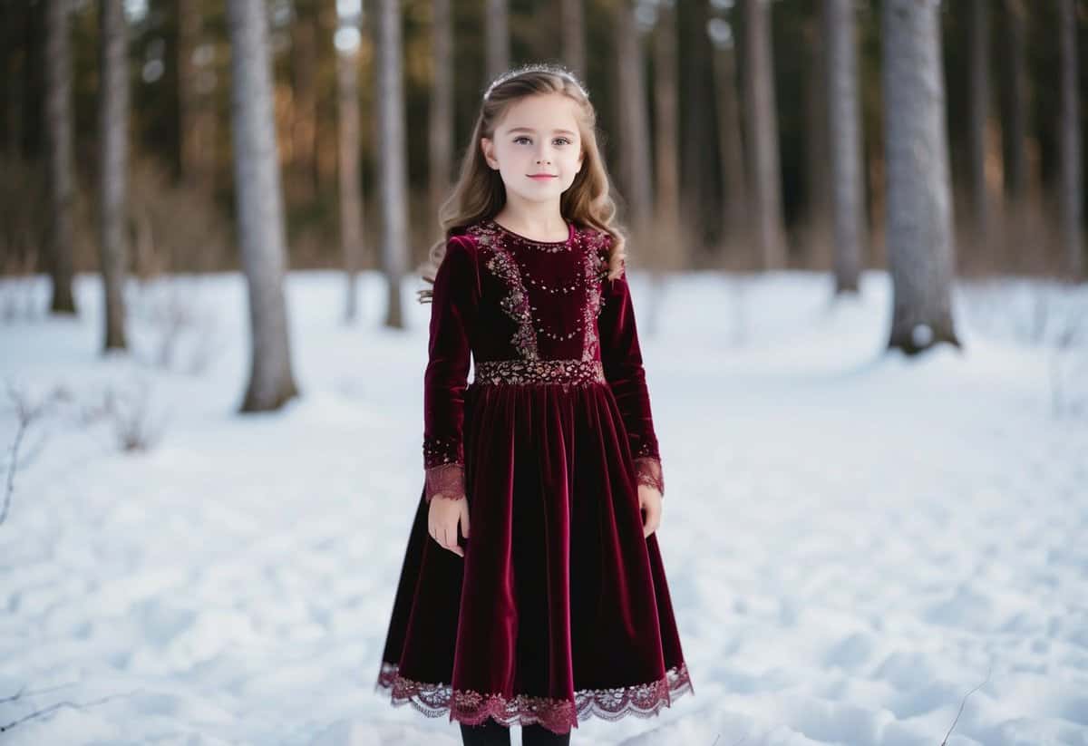 A young girl in a rich velvet winter dress, adorned with delicate lace and shimmering details, standing in a snowy forest clearing