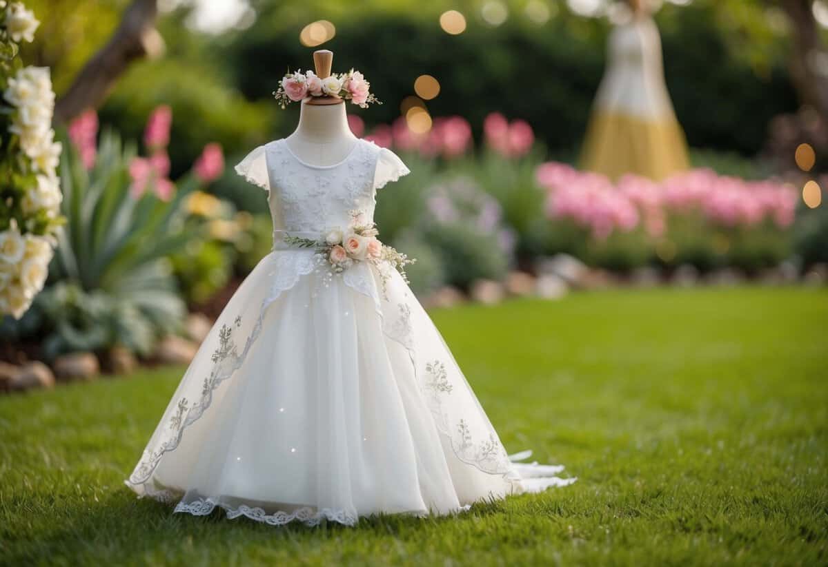 A whimsical garden setting with a child-sized wedding dress adorned with delicate lace, floral accents, and sparkly details