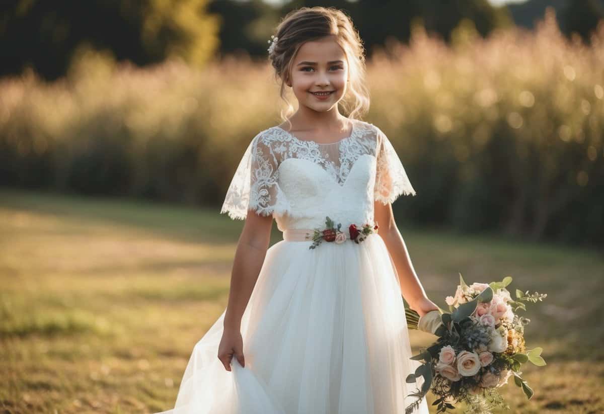 A rustic chic wedding dress for a 13-year-old, featuring lace, floral details, and a flowing silhouette