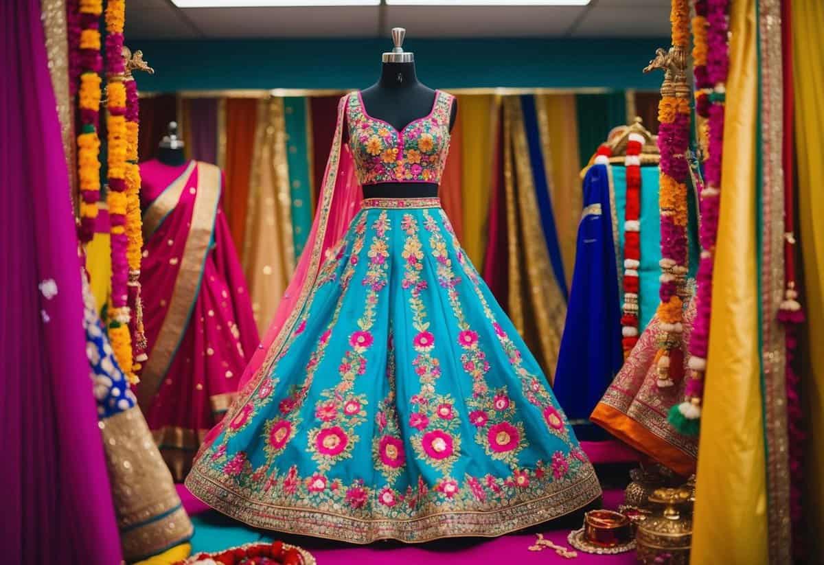 A vibrant floral embroidered gown displayed on a mannequin, surrounded by colorful fabrics and traditional Indian wedding accessories