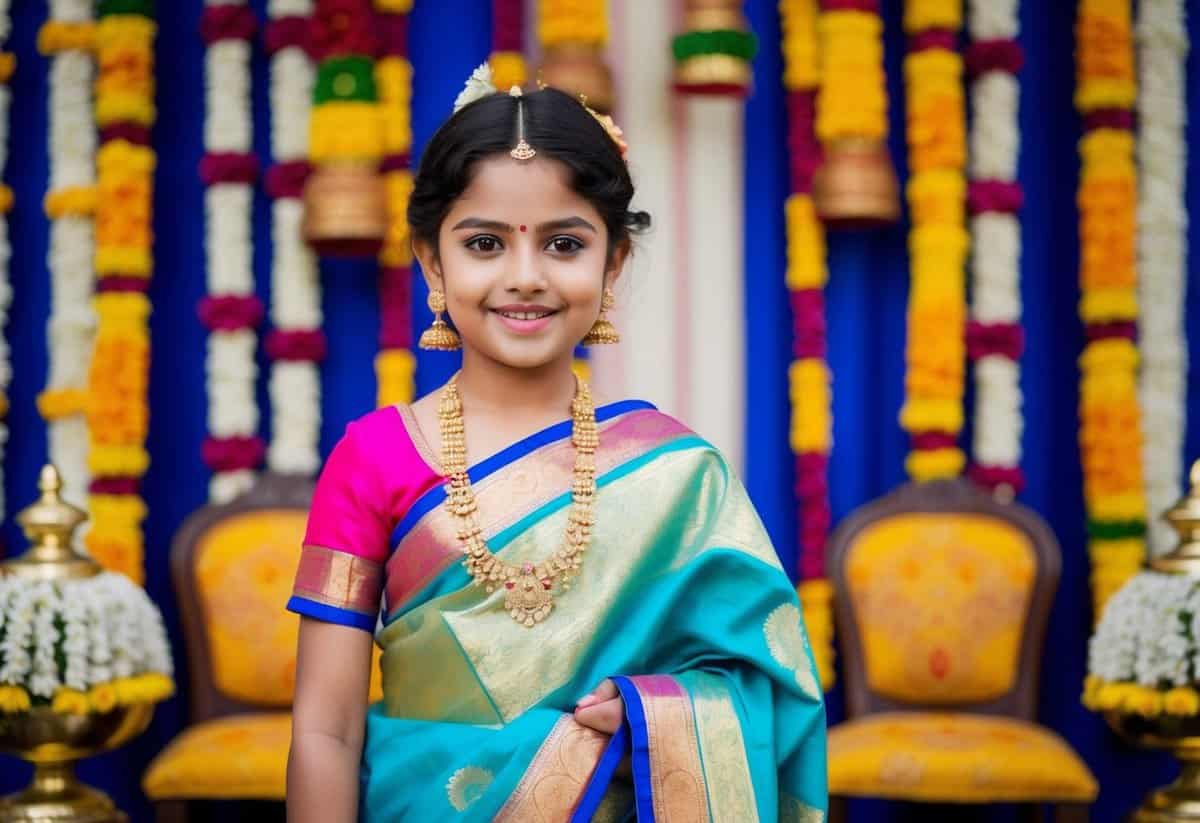 A young girl wearing a vibrant Kanjivaram saree, adorned with intricate gold designs, stands in front of a colorful backdrop of traditional Indian wedding decorations