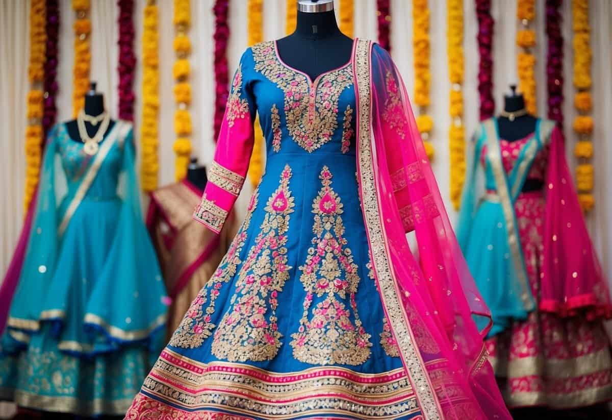 A vibrant Anarkali suit with intricate embroidery and flowing fabric, set against a backdrop of traditional Indian wedding decorations