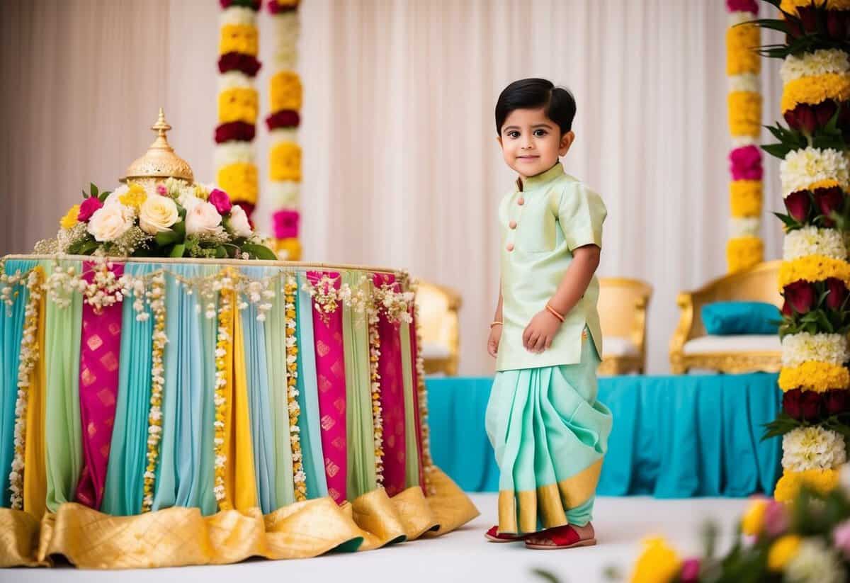 A young child in pastel dhoti kurta stands beside a decorative wedding mandap adorned with flowers and colorful fabric