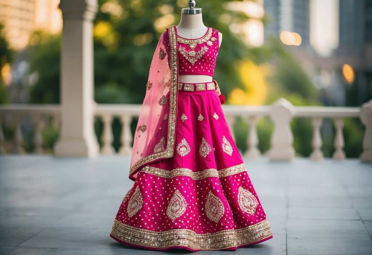 A vibrant Bandhani print lehenga draped over a child-sized mannequin, adorned with intricate embroidery and shimmering embellishments