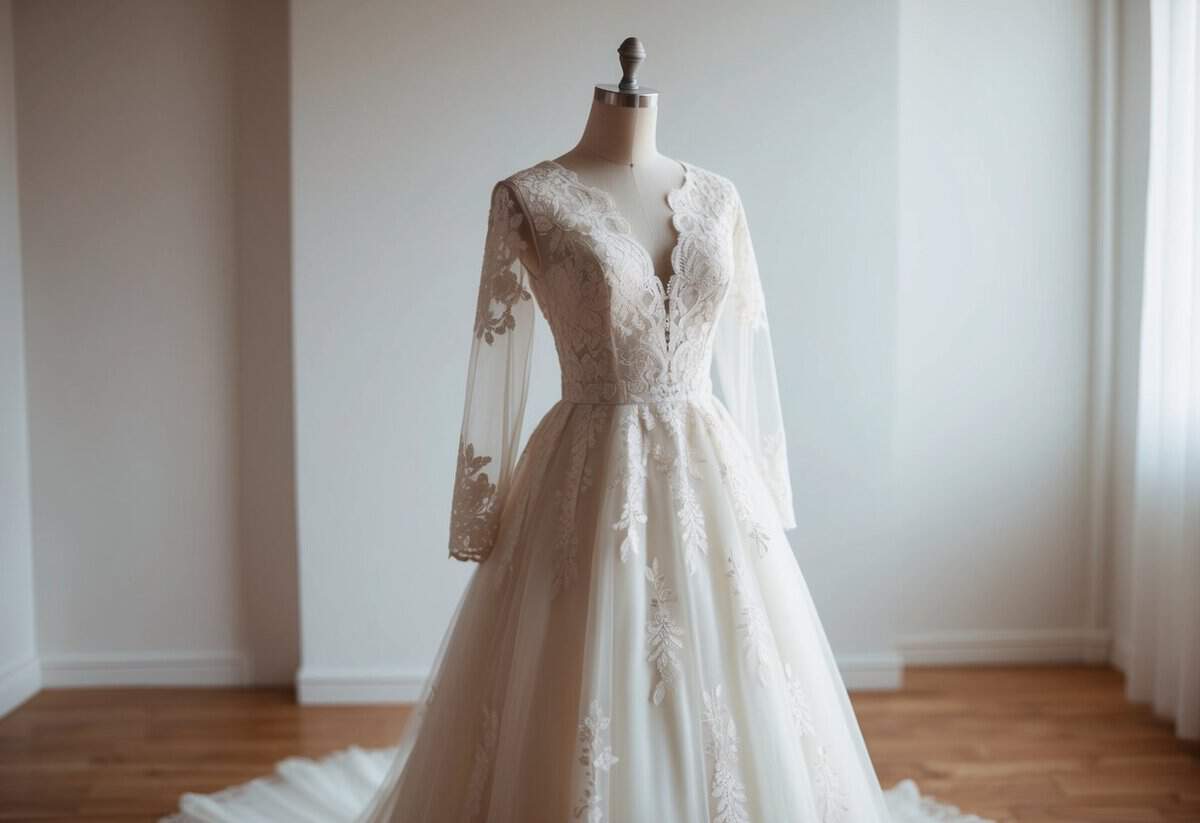 A delicate lace embroidery dress with long sleeves, inspired by Korean wedding fashion, draped over a mannequin in a softly lit studio