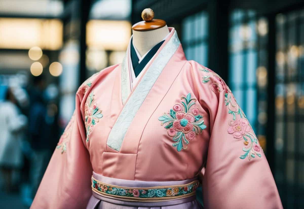 A blush pink Hanbok with intricate embroidered details displayed on a mannequin