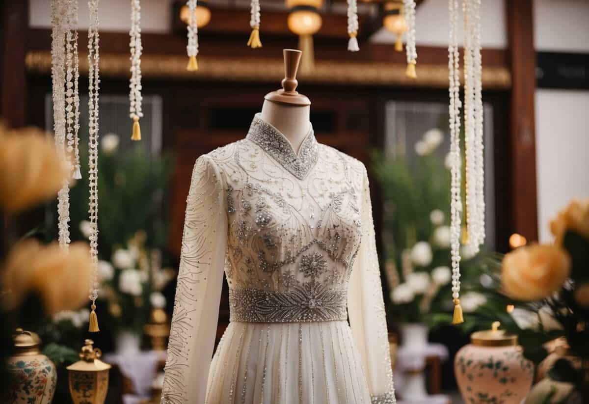 A beaded long sleeve gown on a mannequin, surrounded by Korean wedding decor and traditional elements